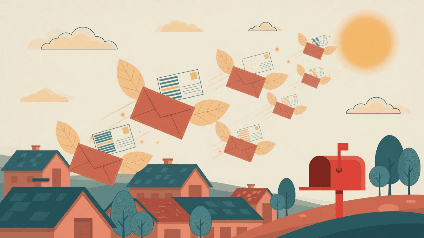 Illustration of postcards and envelopes flying over a neighborhood toward a mailbox